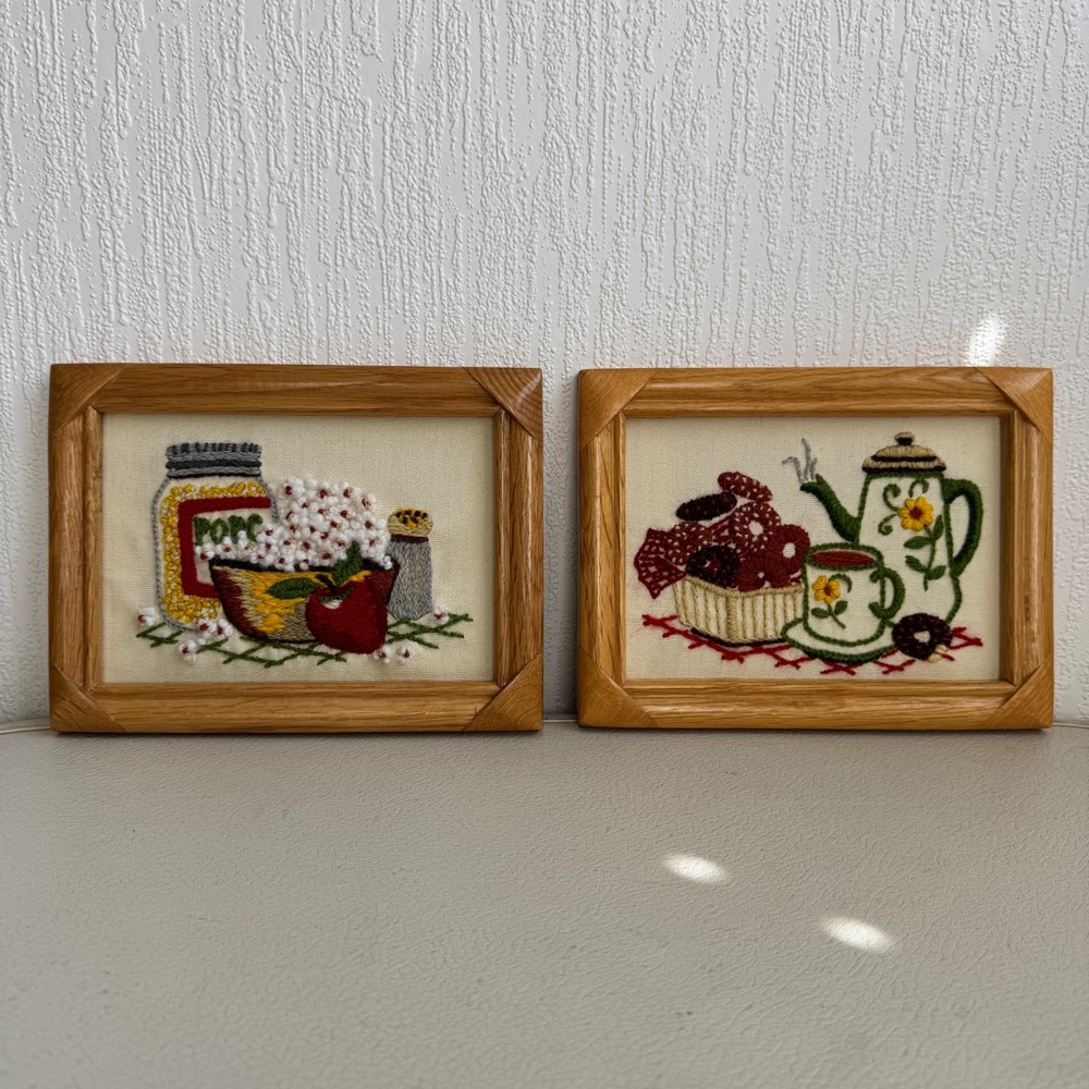 Vintage 70s Framed Crewel Art Set of 2